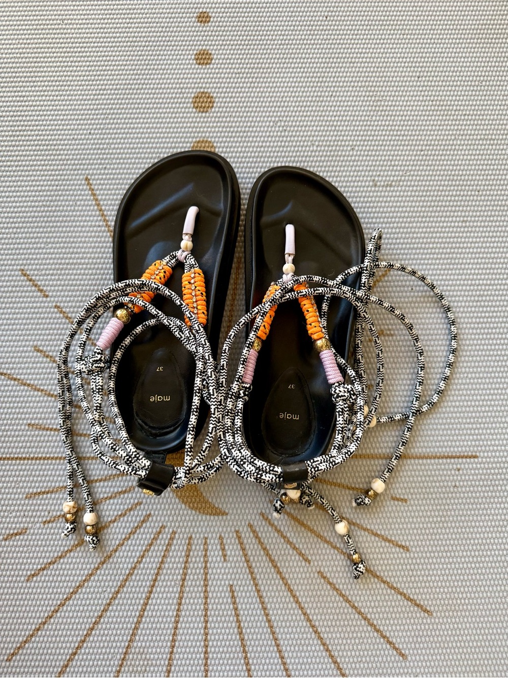 Maje Black Rope Slide Sandals with Orange and Pink Bead Details
